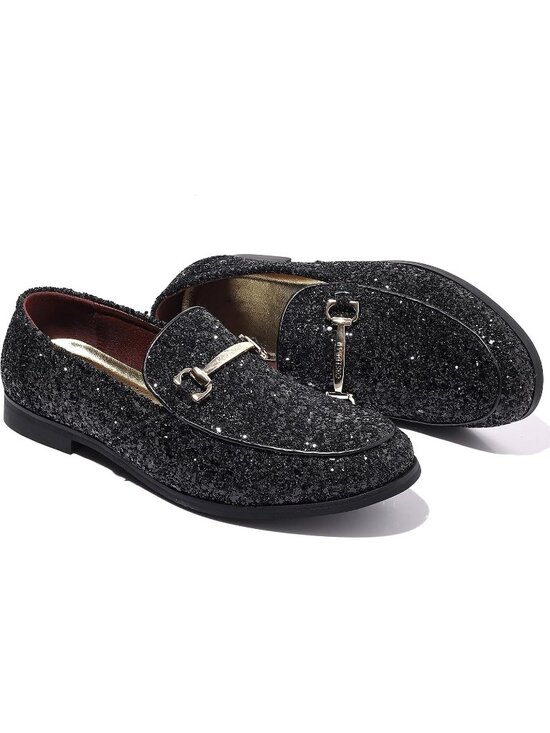 Men\'s Black Rubber Sole Glitter Sequins Loafers Tuxedo Gold Buckle Luxury Shoes main image 5